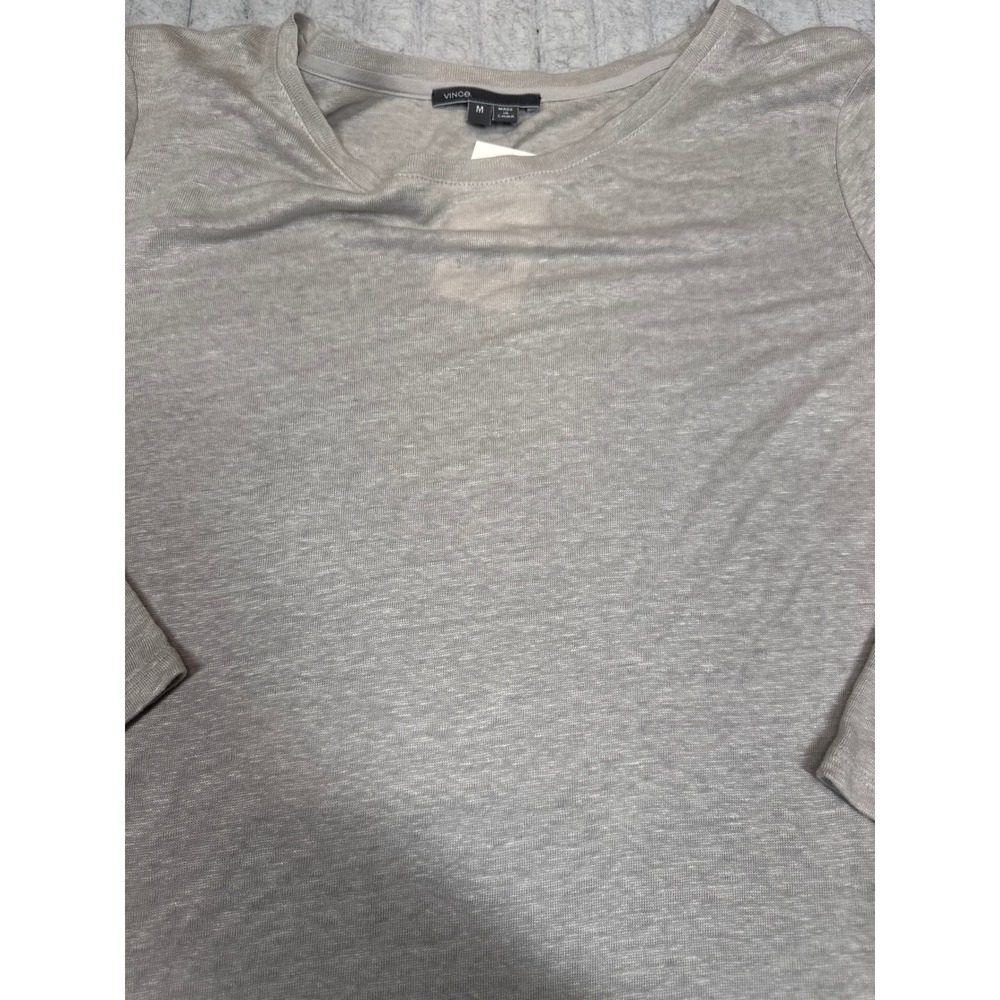 Vince Womens 100% Linen Long Sleeve Crew Neck Top Oatmeal Beige Heather Size M